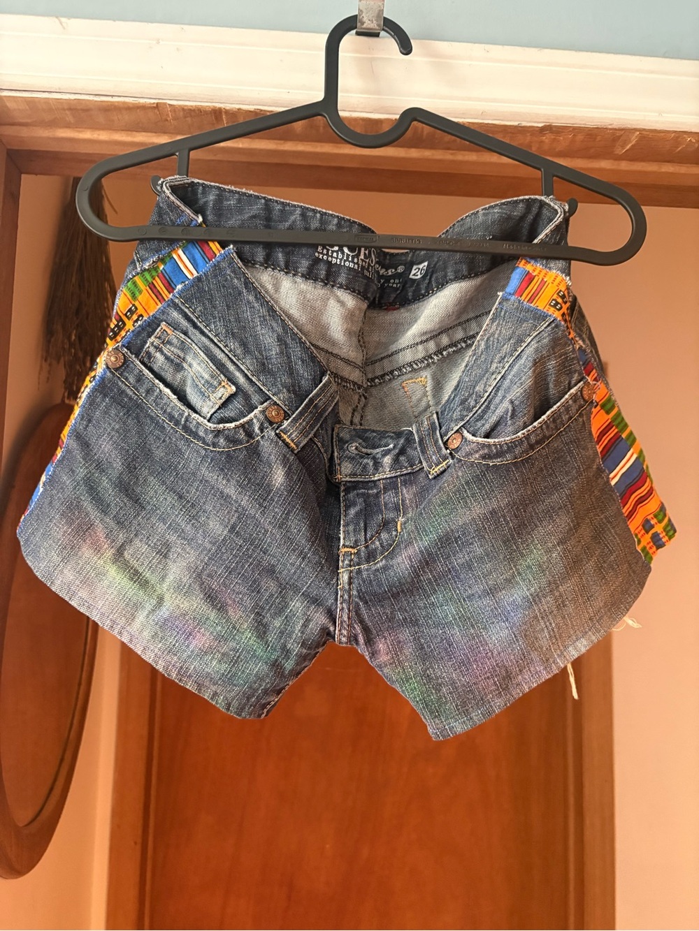Vintage Blue Denim Jean Shorts with Multicolor Side Panels